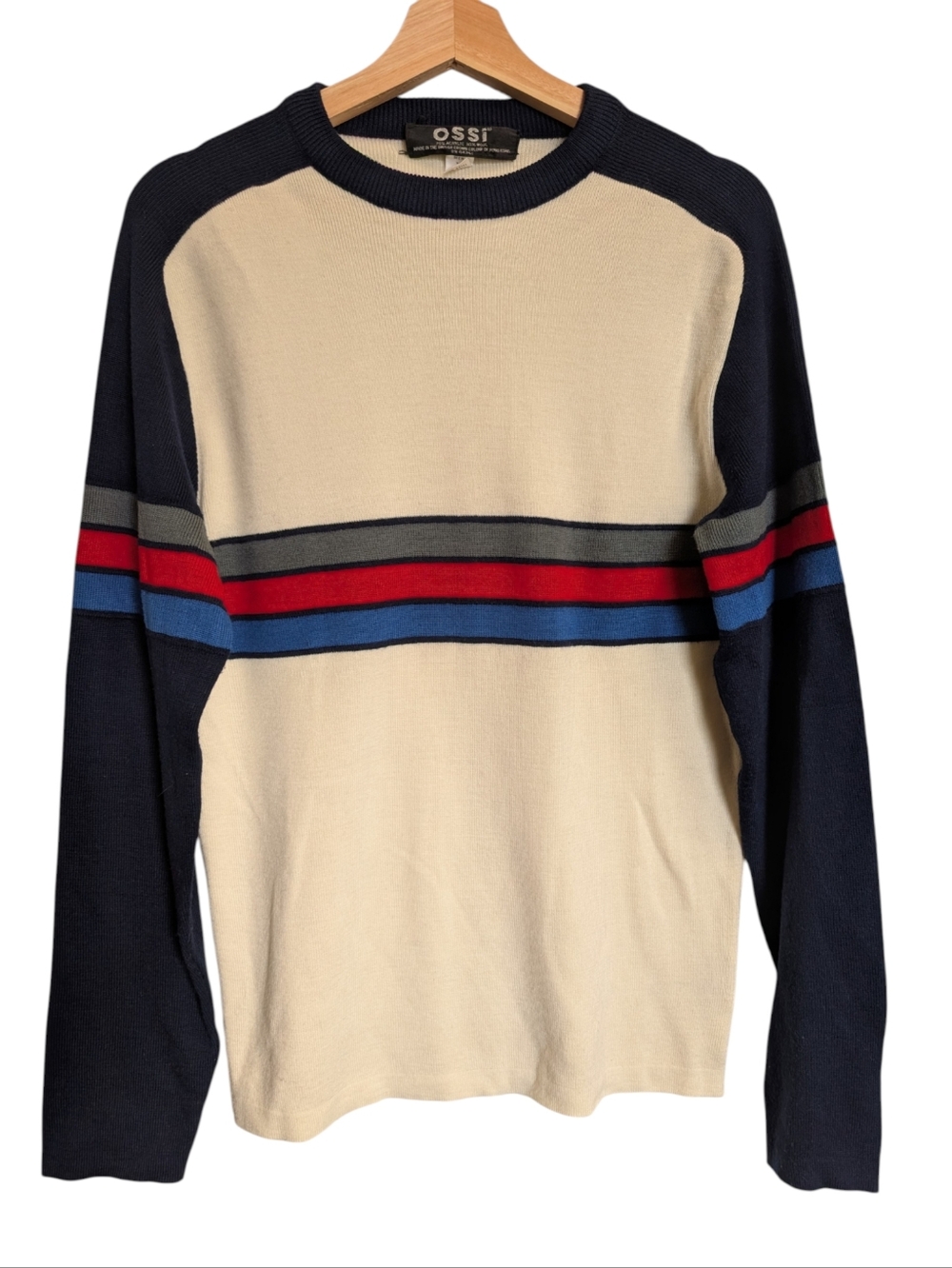 Vintage Men's Ossi Stripe Ski Sweater 70's Cream Blue Red